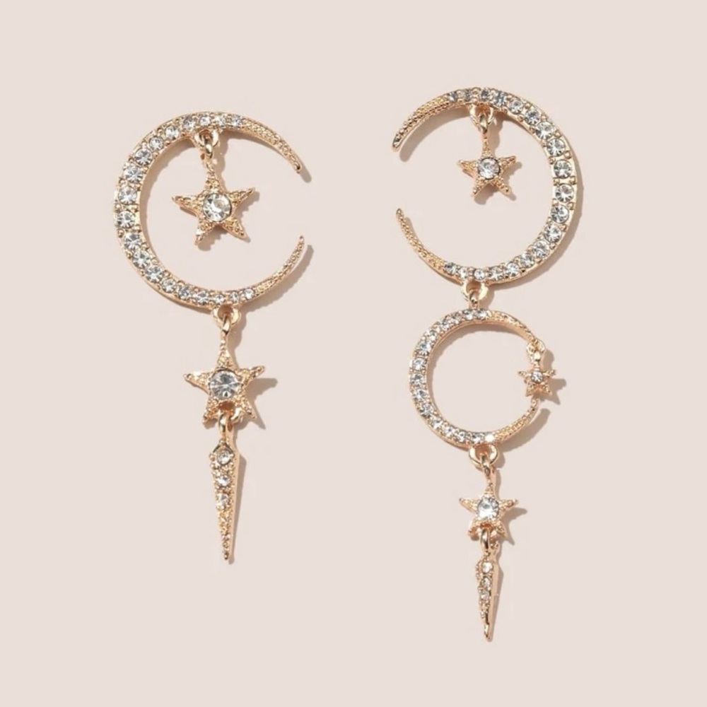 🌙Glamorous Rhinestone moon and star dangle drop mismatch women earrings trendy✨